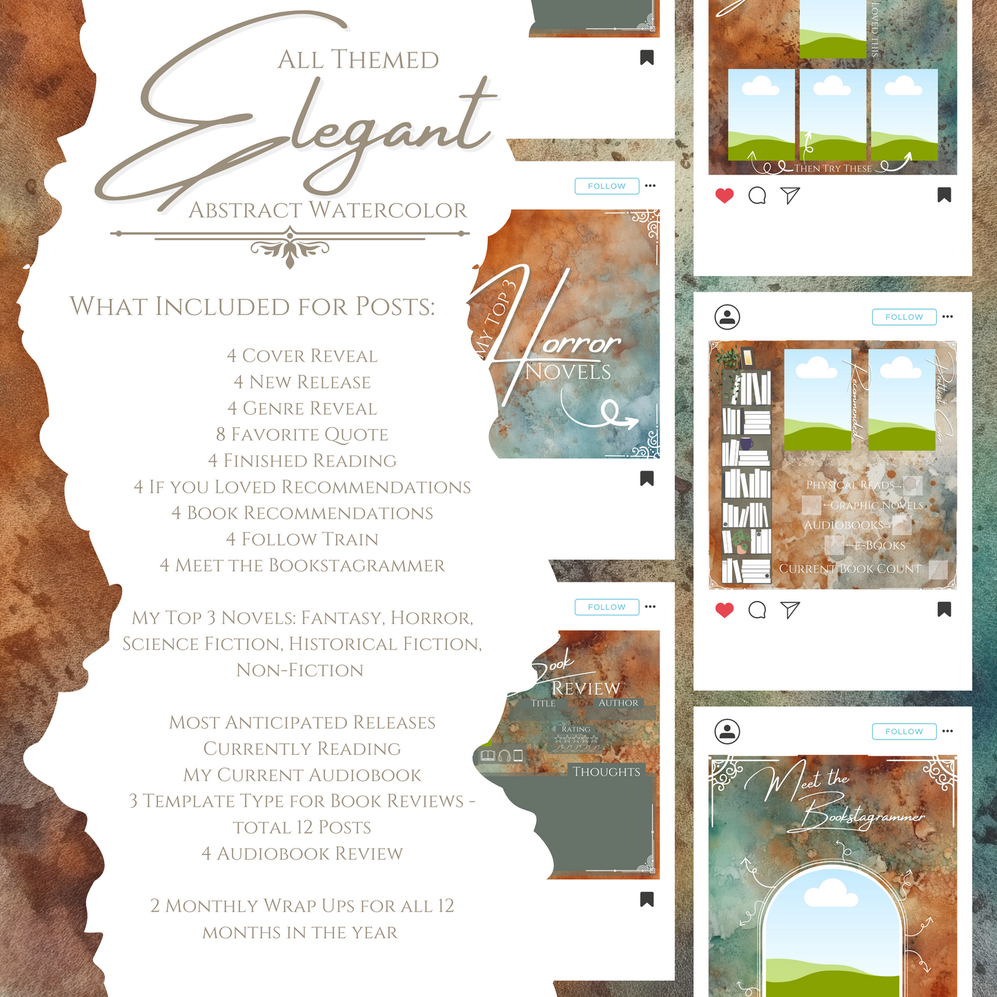 Elegant Abstract Watercolor Bookstagram Templates